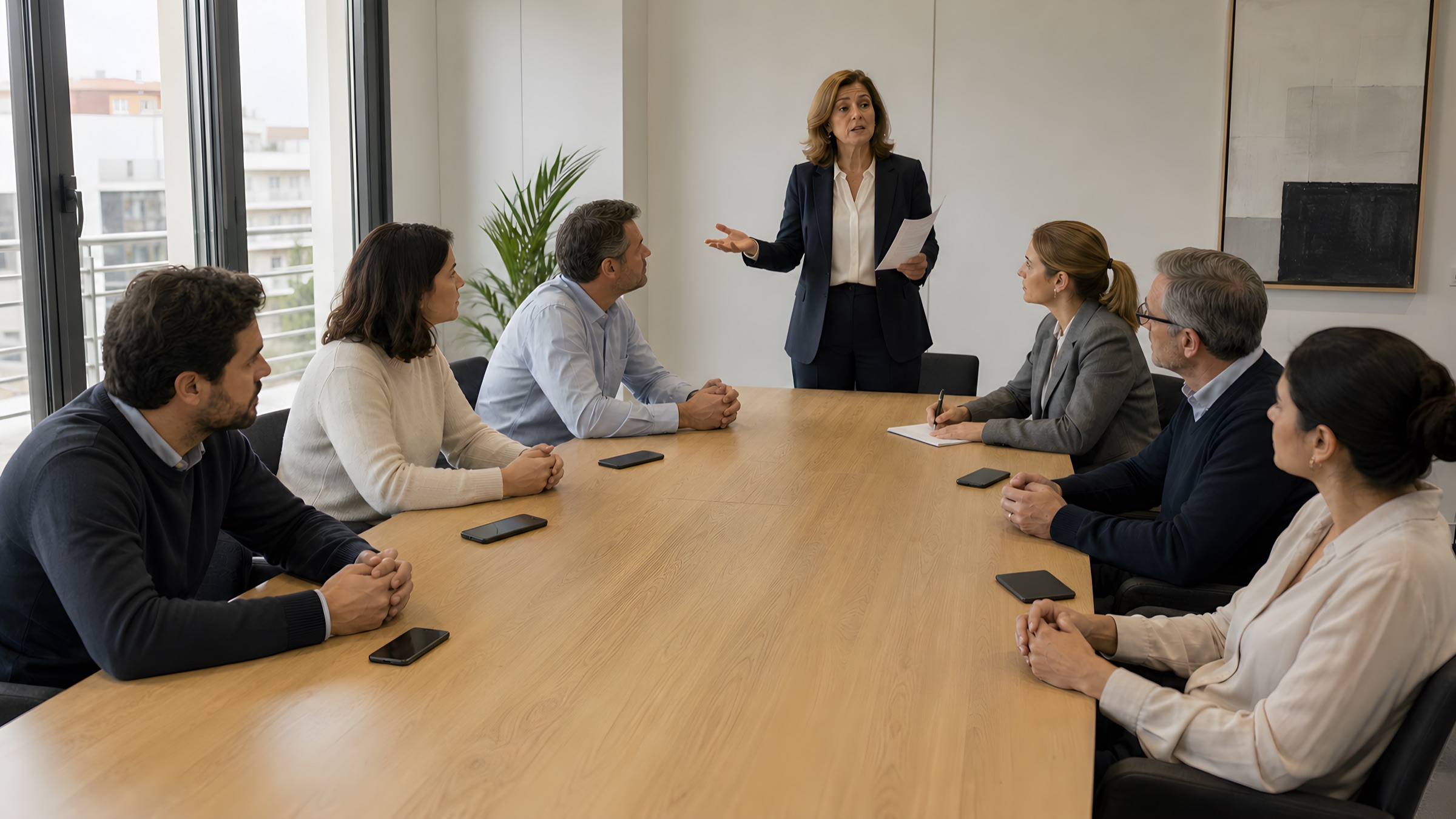 La misma reunión con todo el equipo atento a la directiva que habla (imagen generada)